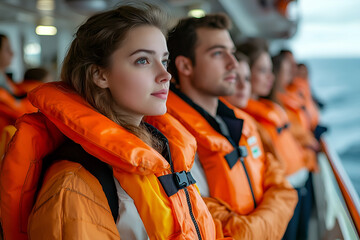 A group of passengers in bright orange life jackets stands on the deck of a cruise ship, gazing at the ocean horizon.