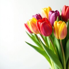 Fototapeta premium Colorful tulip blooms against soft white background, bloom, bouquet, florals