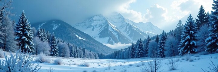 Fototapeta premium Frosty forest landscape with dark blue and white snowflakes, frost, mountain