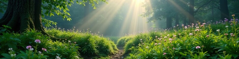 misty dawn forest, ferns and wildflowers, morning dew, trees, fog, nature