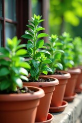 Small Mexican bush sage plants in a row on terracotta pot, pot, herb, small plants