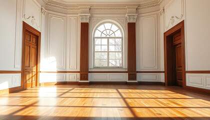 Fototapeta premium classic architectural concept, An empty room with white walls and wooden floors, Interior, living room, floor, wall, created with generative ai