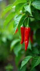 Red hot chili peppers growing on a tree in the garden, leaves, greenery, blossoms