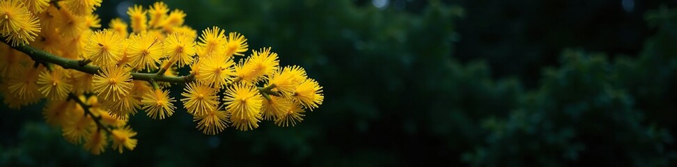 Bright yellow mimosa branch against dark background, tree, botanical, mimosa