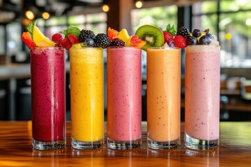 A lineup of five tall glasses of smoothies in various colors