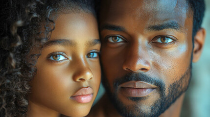 Obraz premium Close-up portrait of a black couple with intense expressions, wet skin reflecting emotional depth and connection