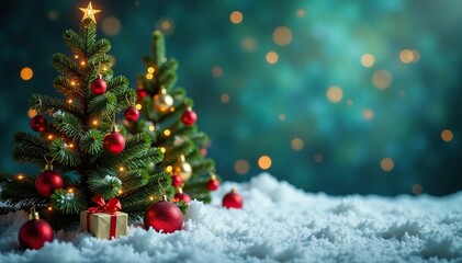 Festive Christmas scene with decorated trees and ornaments, evergreen, decorated trees