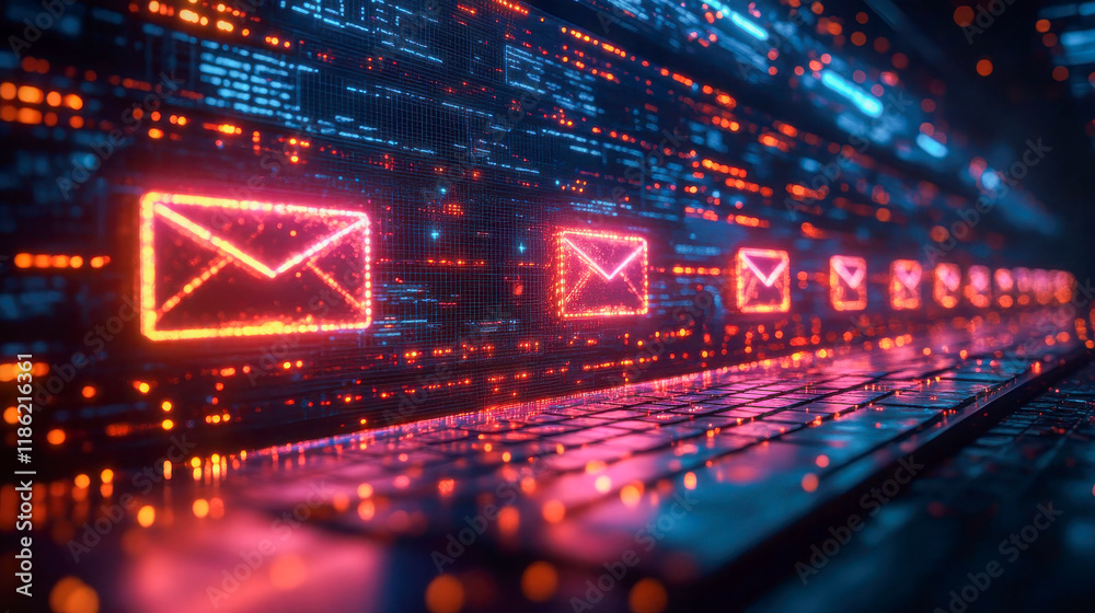 Poster bright red email icons displayed on a digital interface, emphasizing communication and messaging in 