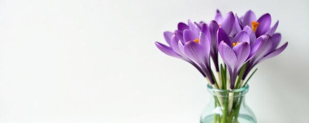 purple crocus flowers in a vase against a white background, vase, purple flowers, flowers © Withun