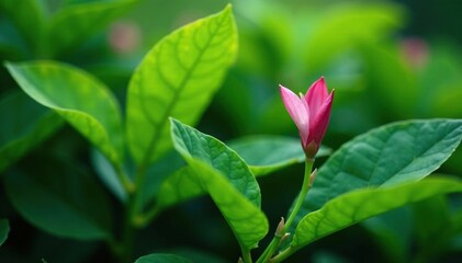 Tiny pink petals peeking out from beneath large leaves, bush blooms, leafy scene, leafy greens