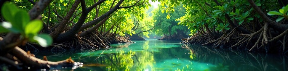 Waterway meanders through a dense thicket of mangrove branches, plants, foliage