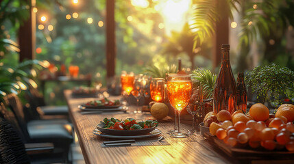 Elegant table setting in a tropical garden with orange drinks, fresh fruit, and decorative plants, illuminated by warm ambient lights