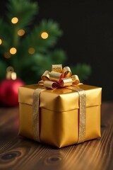 Golden metal gift wrapping on a wooden table top, decorative, gift