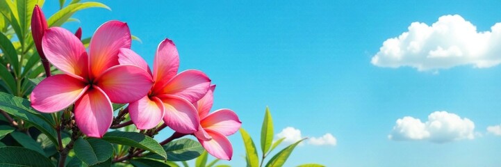 Plumeria flowers against the blue sky with white clouds, garden, leafy, bloom
