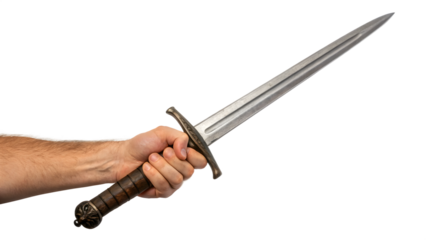 An isolated, old, hand hold a steel sword on a white background, reminiscent of a historical weapon or antique tool