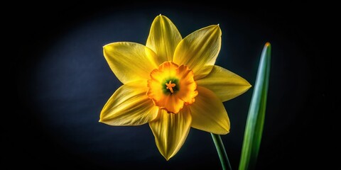 Obraz premium Close-up macro shot: vibrant yellow daffodil petals, detailed stem against a dark backdrop.