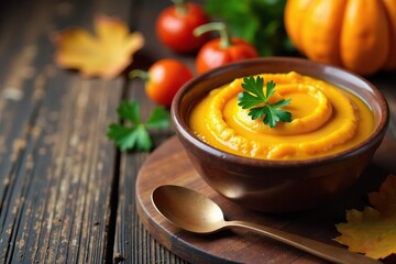 Autumnal decoration with pumpkin puree and parsley, seasonal, holiday, puree