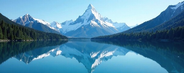 Naklejka premium Serene snow-capped peak reflected in the calm blue waters of a majestic lake, , serene, blue