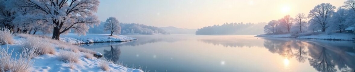 Fototapeta premium Frosty landscape on a cold and clear morning by the lake, frost, ice, peaceful