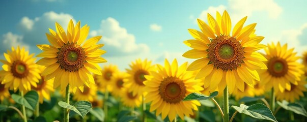 Obraz premium Sunflowers in a field with abstract background of yellow and blue hues, botanical, yellow