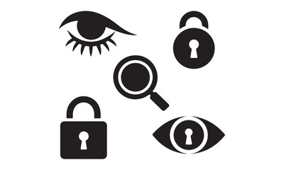 Privacy and Security Silhouette Icons Featuring Lock, Eye, and Magnifying Glass