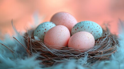 Obraz premium Nest of decorated eggs with cherry blossoms at sunrise light in a cozy indoor setting