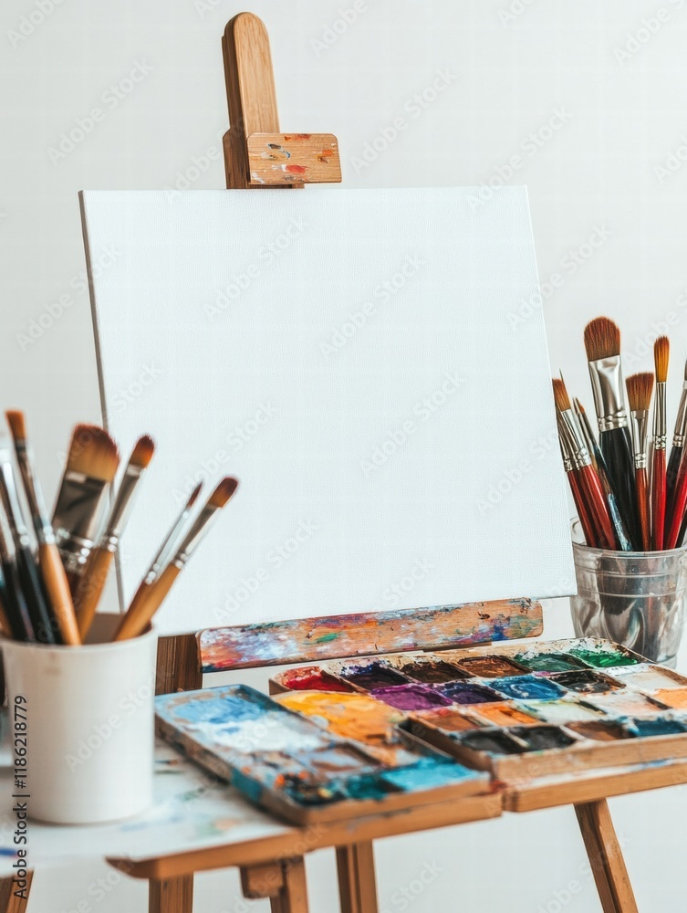 Aufkleber creative workspace filled with colorful paint supplies and an empty easel ready for artistic express