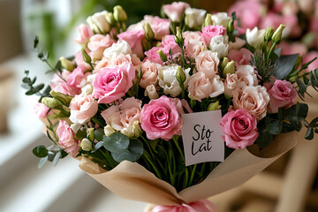 The text "Sto lat," which translates from Polish as "Happy Birthday." A luxurious bouquet and a congratulatory inscription.