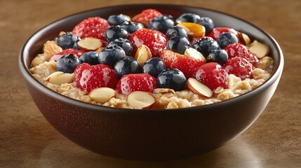  Bowl of oatmeal topped with fresh berries and nuts with a drizzle of honey, offering a healthy, wholesome breakfast option packed with natural flavors and nutrients.