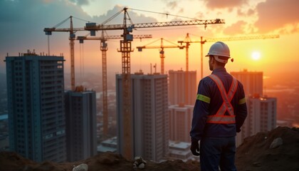 Construction site with many cranes, tall buildings under development. Worker in safety gear observes construction project at sunset. Modern urban project. Team effort. Building activity. Huge scale