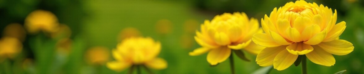 Bright yellow peony flowers in a soft focus background, garden,