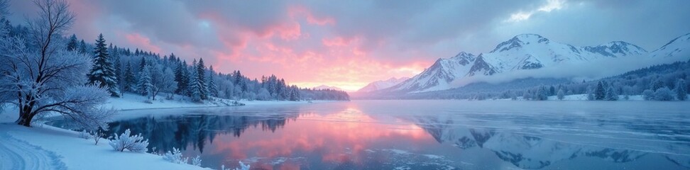 Obraz premium Frosty atmosphere on a frozen lake with skyscrapers nearby, winter, landscape