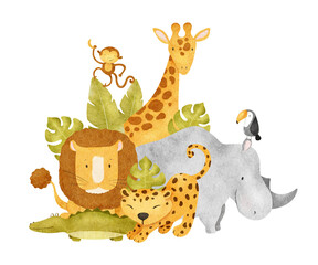 African jungles animals rhino, lion, monkey, giraffe, leopard, crocodile, toucan, tropical leaves. Safari kids isolated hand drawn watercolor illustration for design baby shower cards, poster