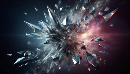 Glass shards split and collide against a swirling pink and blue nebula