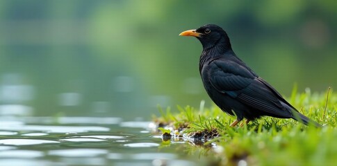 Blackbird sits on wet grassy lake shore with ripples, grass, blackbird, feathers