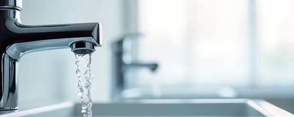 Close-up chrome tap water flows. Modern tap dispensing fresh water. Clean water stream. Quality plumbing. Water supply system. Healthy hygiene. Bathroom scene. Home office interior. Eco-friendly