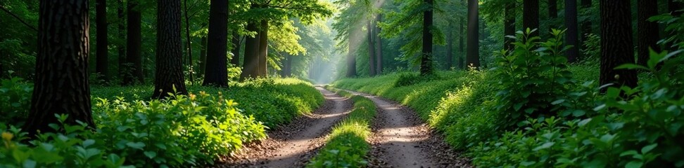 Obraz premium Dense foliage surrounds a winding forest road, forest road, trail, wild