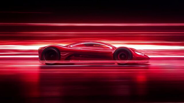 Side view of speeding sleek red sports car on neon highway. Powerful acceleration of a supercar on a night track with neon lights and trails. 3d animation