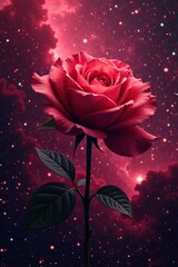 Red hue dominates a vast nebula resembling a red rose in bloom, cosmic flowers, space, pink