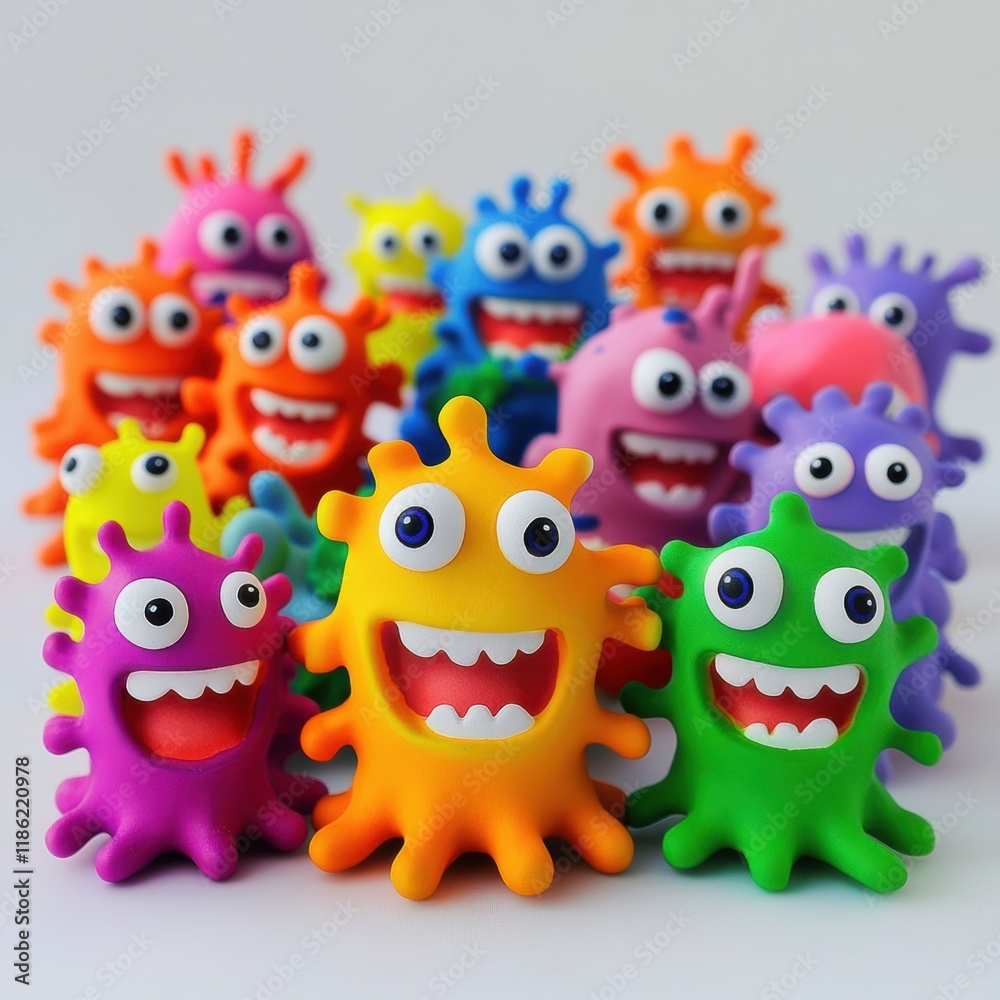Poster Bright cheerful microbes with eyes and smiles in a colorful group displaying joy and playfulness. Generative AI