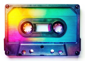 Fototapeta premium Close-up of a blank vintage cassette tape, isolated on white, low-light photography evokes retro music vibes.