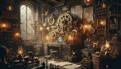 Brass-and-copper machine glows at the heart of a steampunk workshop