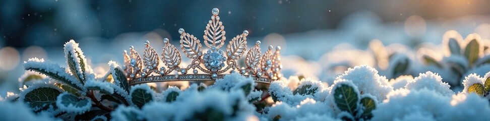 Glittering tiara rests on a bed of frosty leaves, snowy, flower