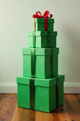 Obraz premium Tall stack of green Xmas gift boxes on a wooden floor, wooden floor, present arrangement