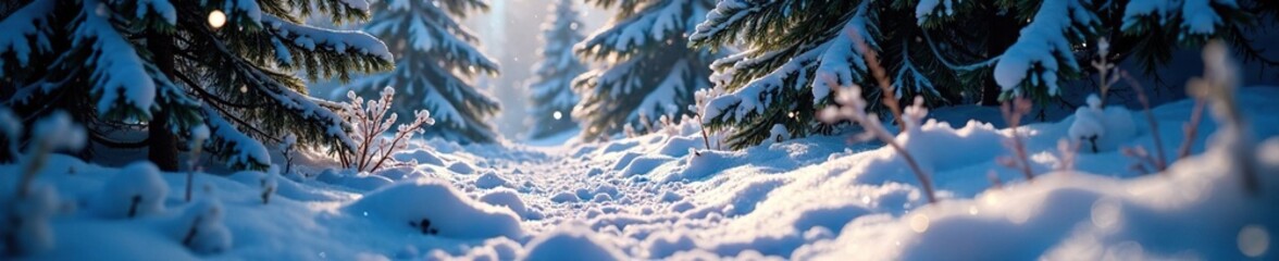 Glittering forest floor amidst snow-covered evergreens, shine, sparkle, snowy