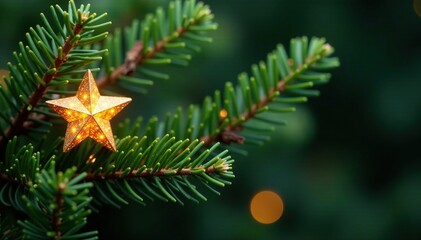 Shiny star amidst lush green evergreen branches, Christmas, festive, mistletoe