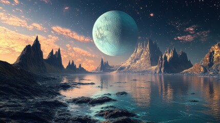 Alien Landscape with a Large Moon and Rocky Mountains