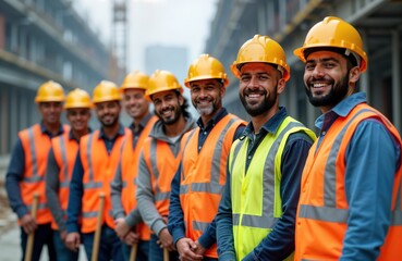 Diverse construction crew stands together on job site. Workers wear safety gear, hold tools. Likely involved in building structure project. Friendly expressions, teamwork highlight positive work