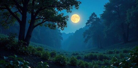 Dense foliage illuminated by moonlight softening forest floor, glow, landscape, forest