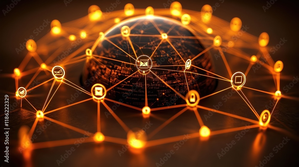 Wall mural illustration of a glowing network globe surrounded by nodes connected by lines, symbolizing global c